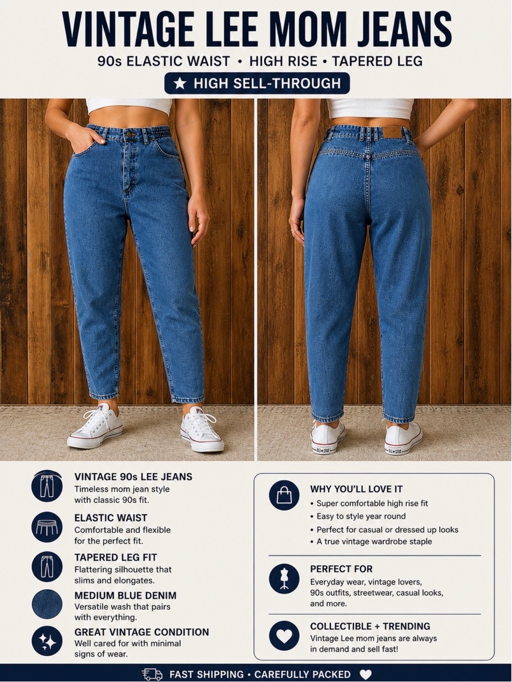 Vintage Lee Mom Jeans Elastic Waist High Rise Tapered Denim